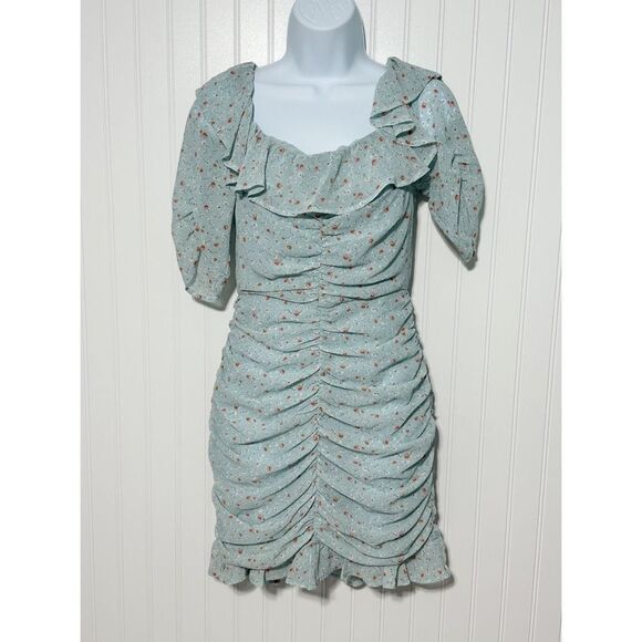 ASTR The Label Womens Ditsy Floral Ruffle Neck Ruched Mini Dress Teal Blue Small - Picture 11 of 11